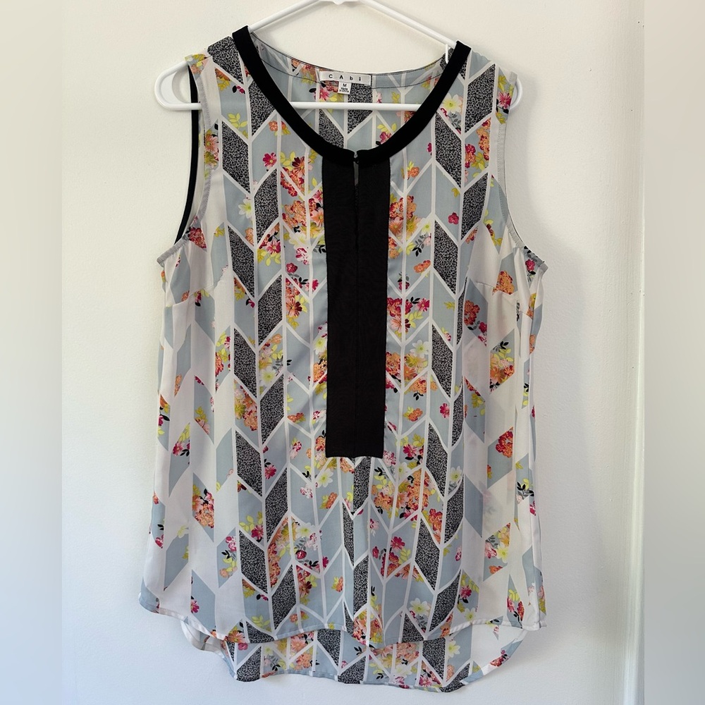 Cabi #249 Floral & Geometric Sleeveless Top with Ribbon Trim Detail Size M